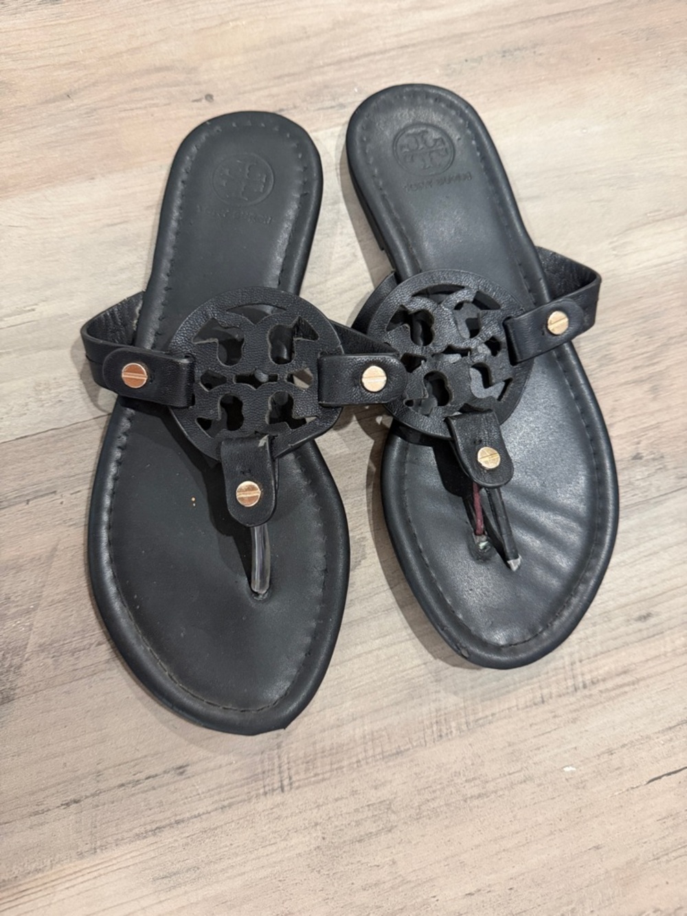 Tory Burch Black Leather Logo Thong Sandals with Gold Studs